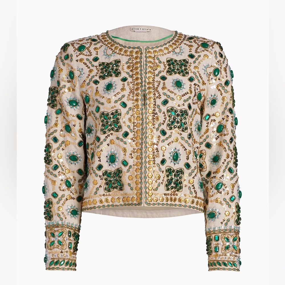 Alice + Olivia Kidman Cream Jacket with Green and Gold Embellishments